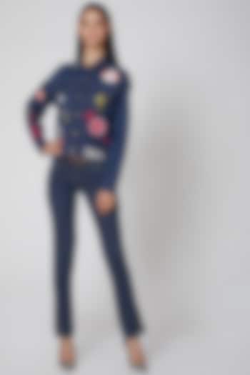 Navy Blue Embroidered Denim Jacket by Manish Arora at Pernia's Pop Up Shop