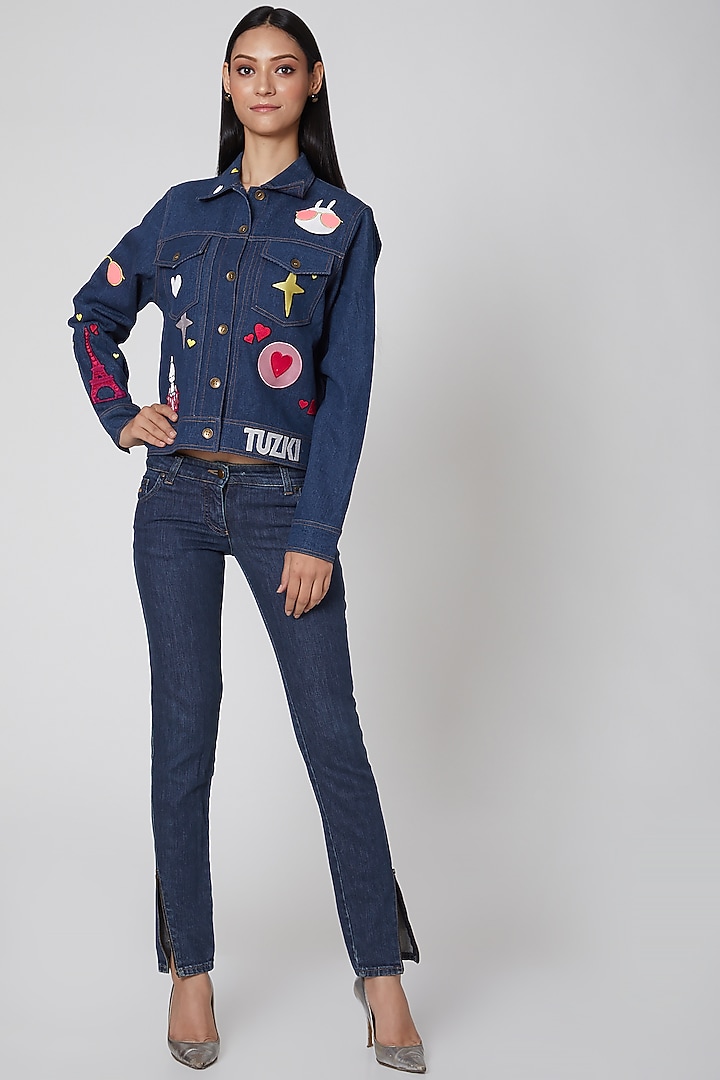 Navy Blue Embroidered Denim Jacket by Manish Arora at Pernia's Pop Up Shop