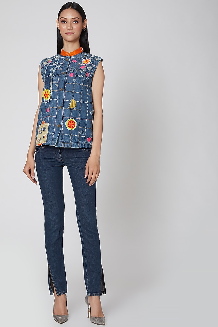 Sky Blue Embroidered Denim Jacket by Manish Arora at Pernia's Pop Up Shop
