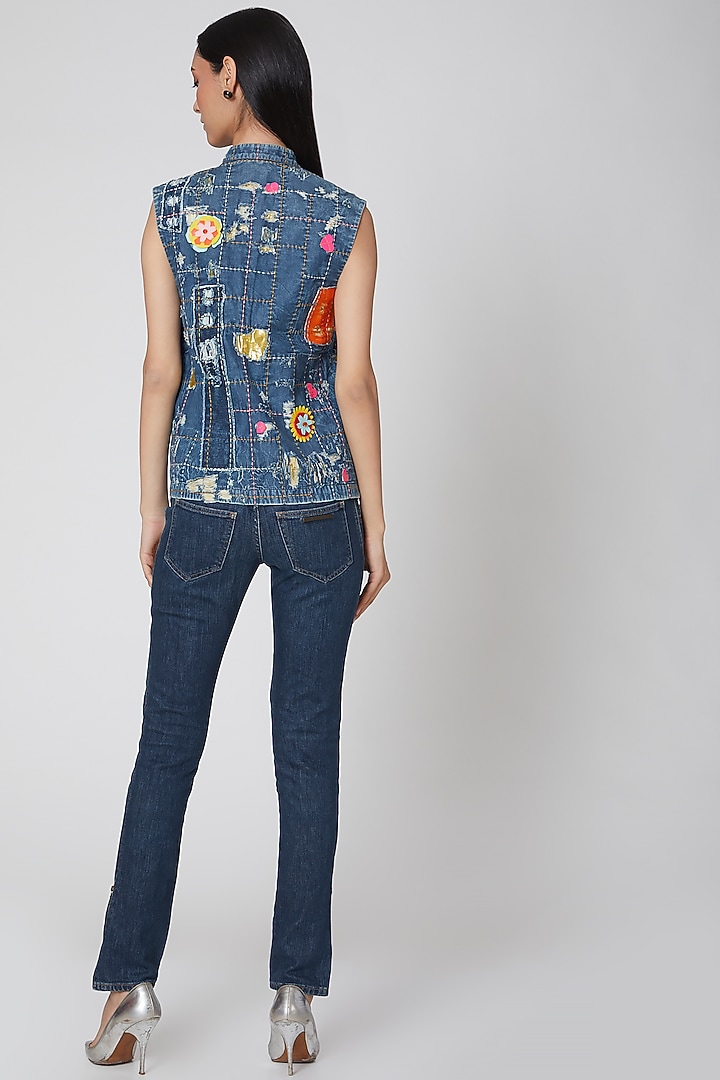 Sky Blue Embroidered Denim Jacket by Manish Arora at Pernia's Pop Up Shop