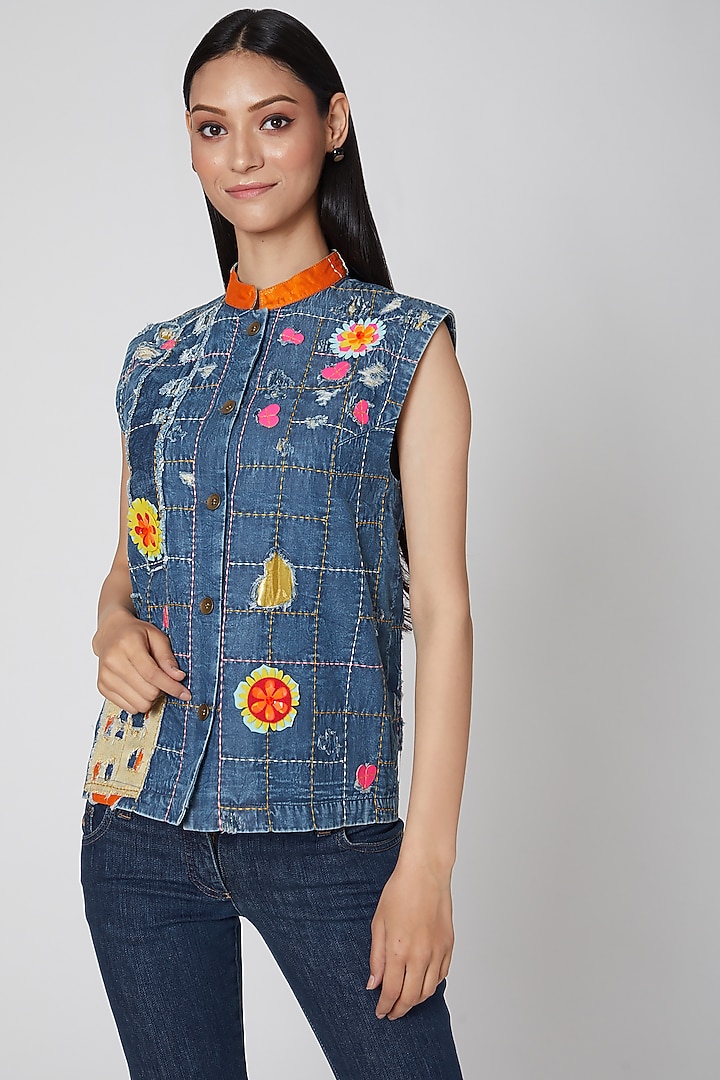 Sky Blue Embroidered Denim Jacket by Manish Arora at Pernia's Pop Up Shop
