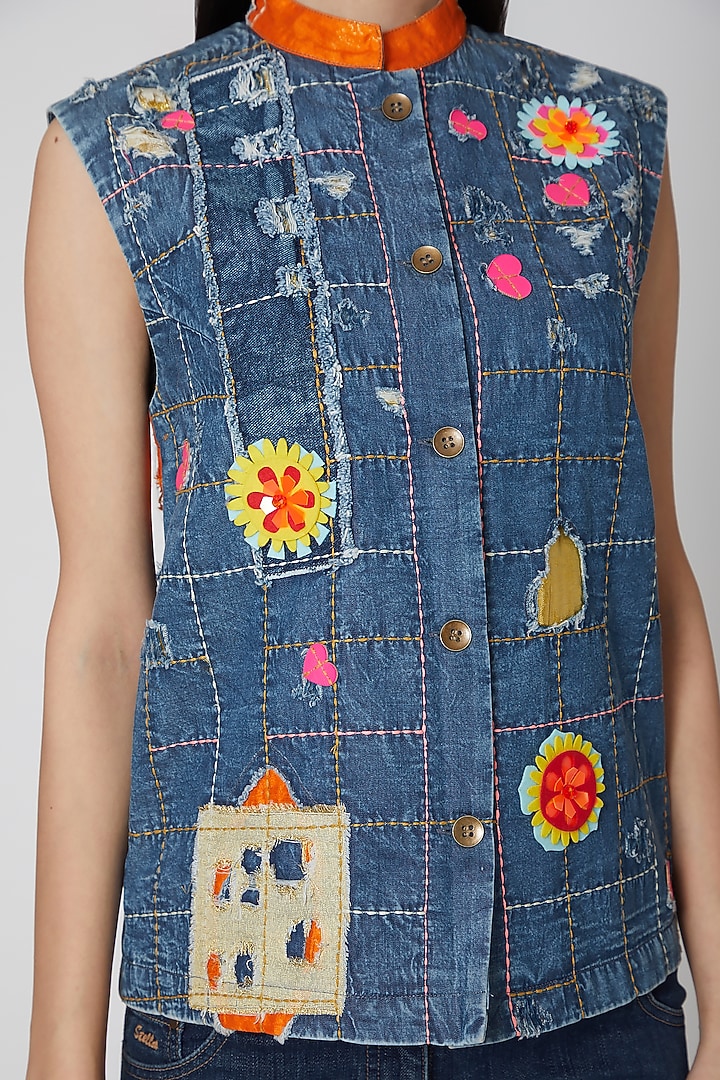 Sky Blue Embroidered Denim Jacket by Manish Arora at Pernia's Pop Up Shop