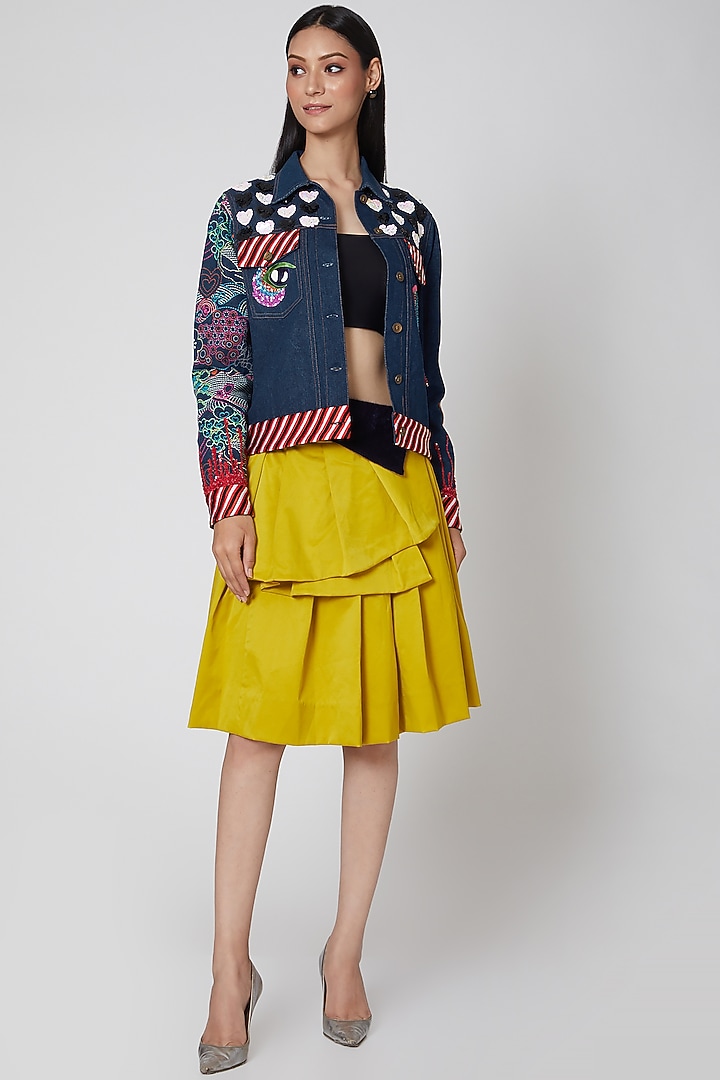 Navy Blue Embroidered Denim Jacket  by Manish Arora at Pernia's Pop Up Shop