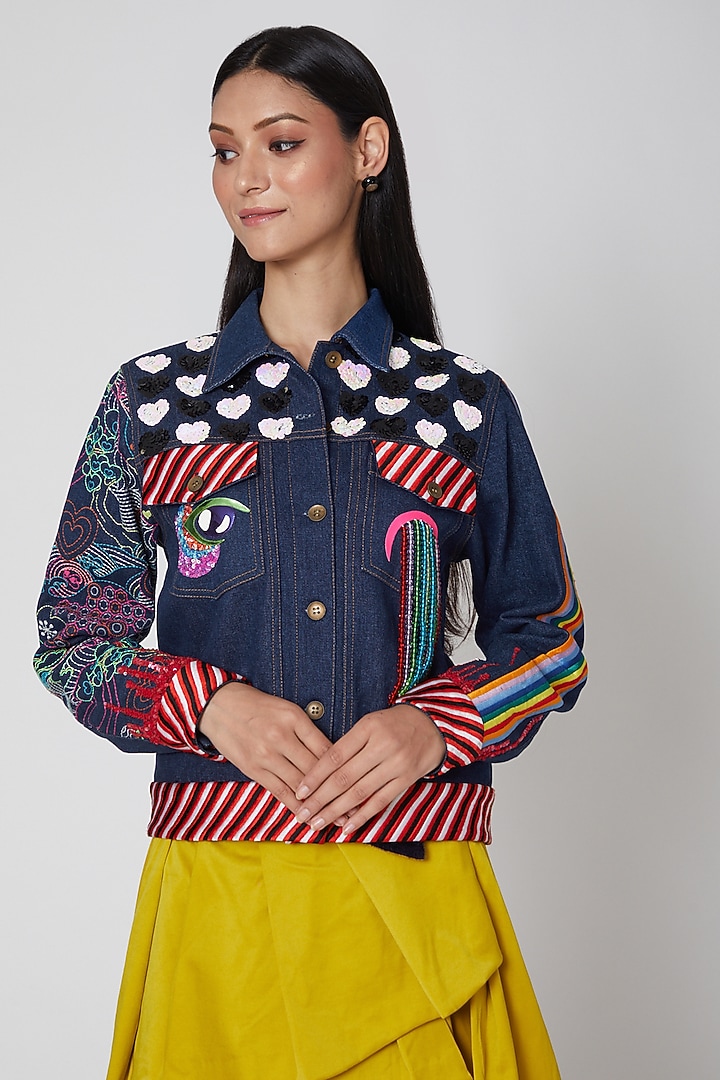 Navy Blue Embroidered Denim Jacket by Manish Arora at Pernia's Pop Up Shop