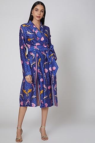 Royal Blue Printed Wrap Dress by Manish Arora