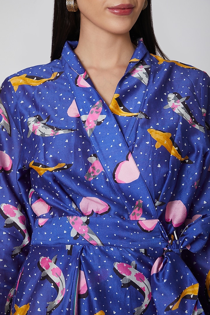 Royal Blue Printed Wrap Dress by Manish Arora at Pernia's Pop Up Shop