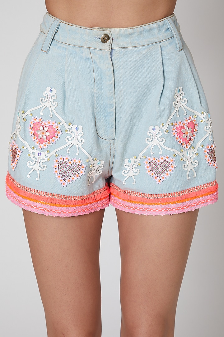 Sky Blue Embroidered Denim Shorts by Manish Arora at Pernia's Pop Up Shop