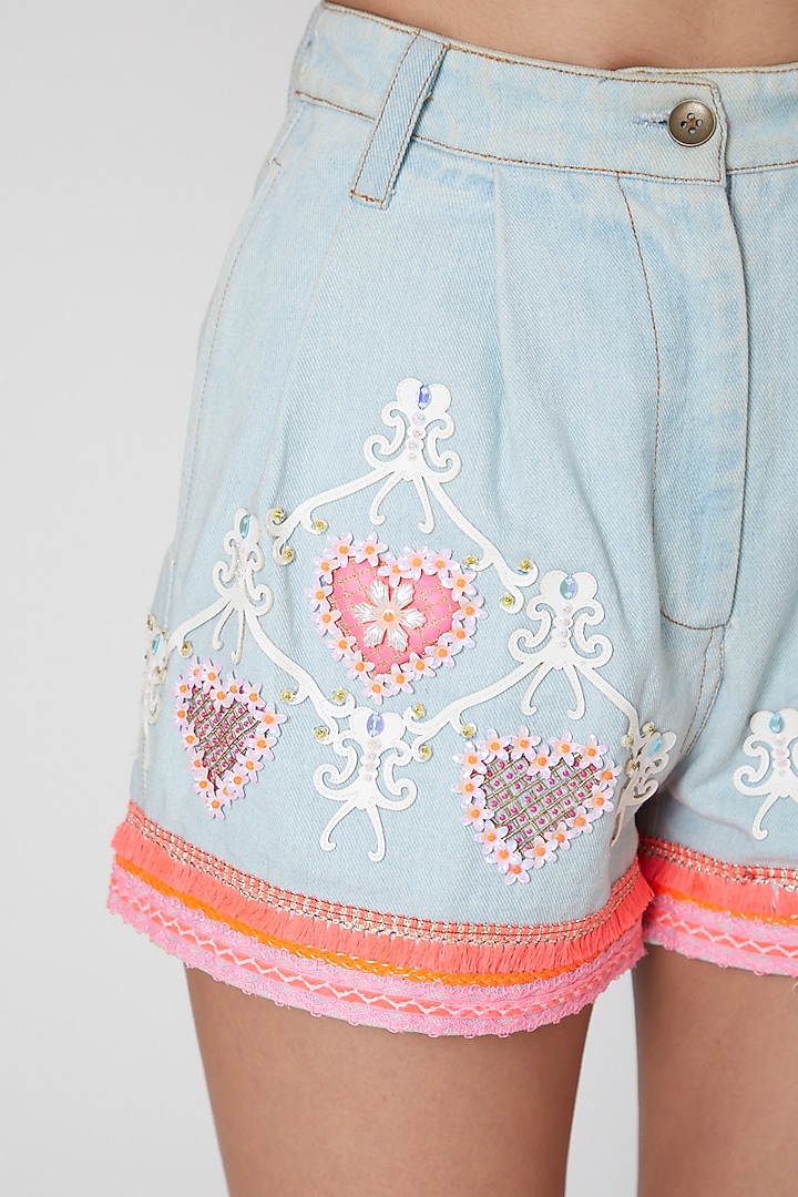 Sky Blue Embroidered Denim Shorts by Manish Arora at Pernia's Pop Up Shop