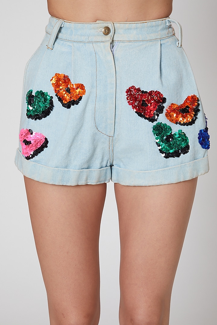 Sky Blue Embellished Denim Shorts by Manish Arora at Pernia's Pop Up Shop
