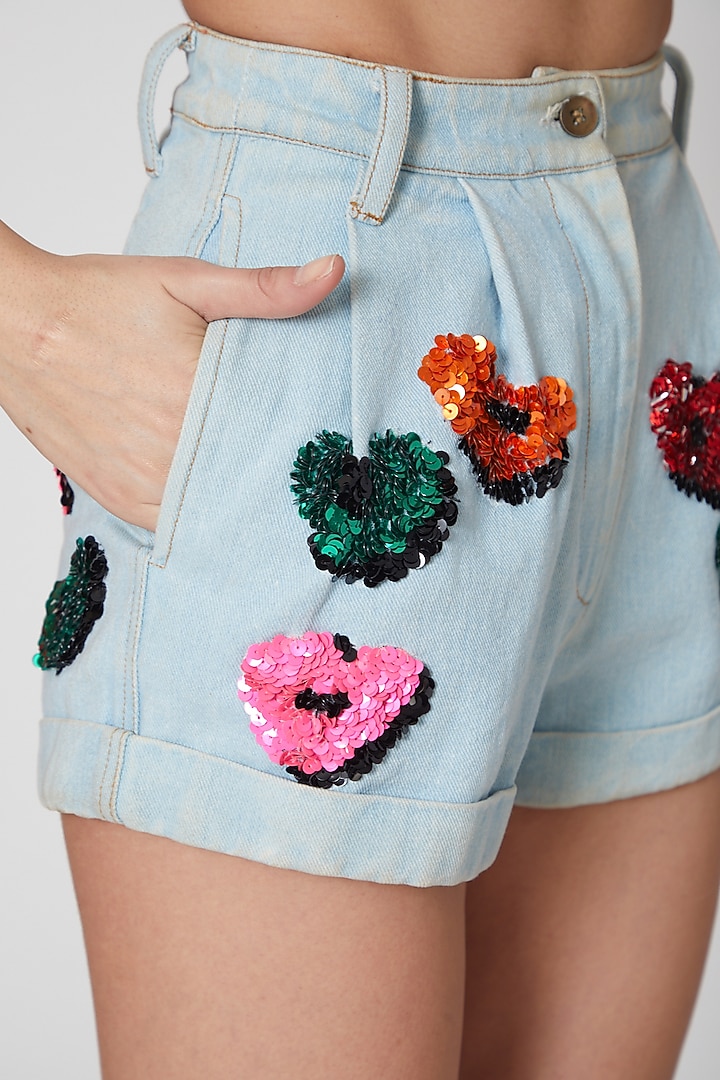 Sky Blue Embellished Denim Shorts by Manish Arora at Pernia's Pop Up Shop