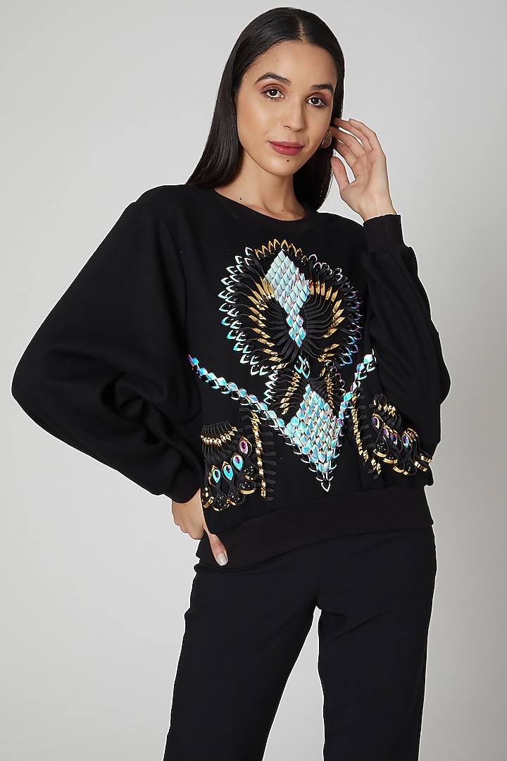 Black Sweatshirt With 3D Laser Cut by Manish Arora at Pernia's Pop Up Shop