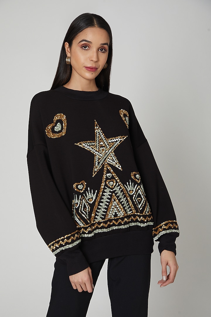Black Embroidered Sweatshirt by Manish Arora at Pernia's Pop Up Shop