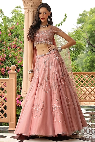 Salmon Organza Hand Embroidered Lehenga Set by Studio Imbaali