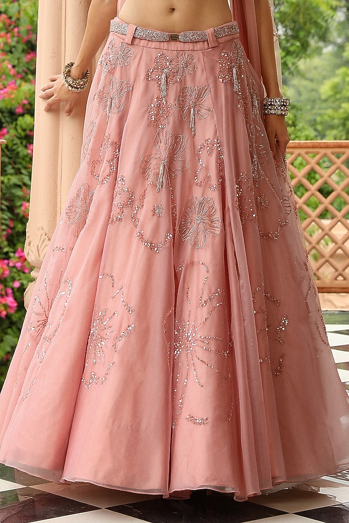 Salmon Organza Hand Embroidered Wedding Lehenga Set by Studio Imbaali at Pernia's Pop Up Shop
