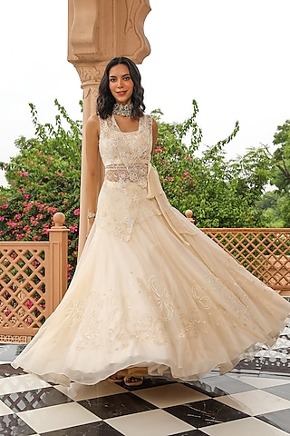 Ivory Organza Hand Embroidered Lehenga Set by Studio Imbaali