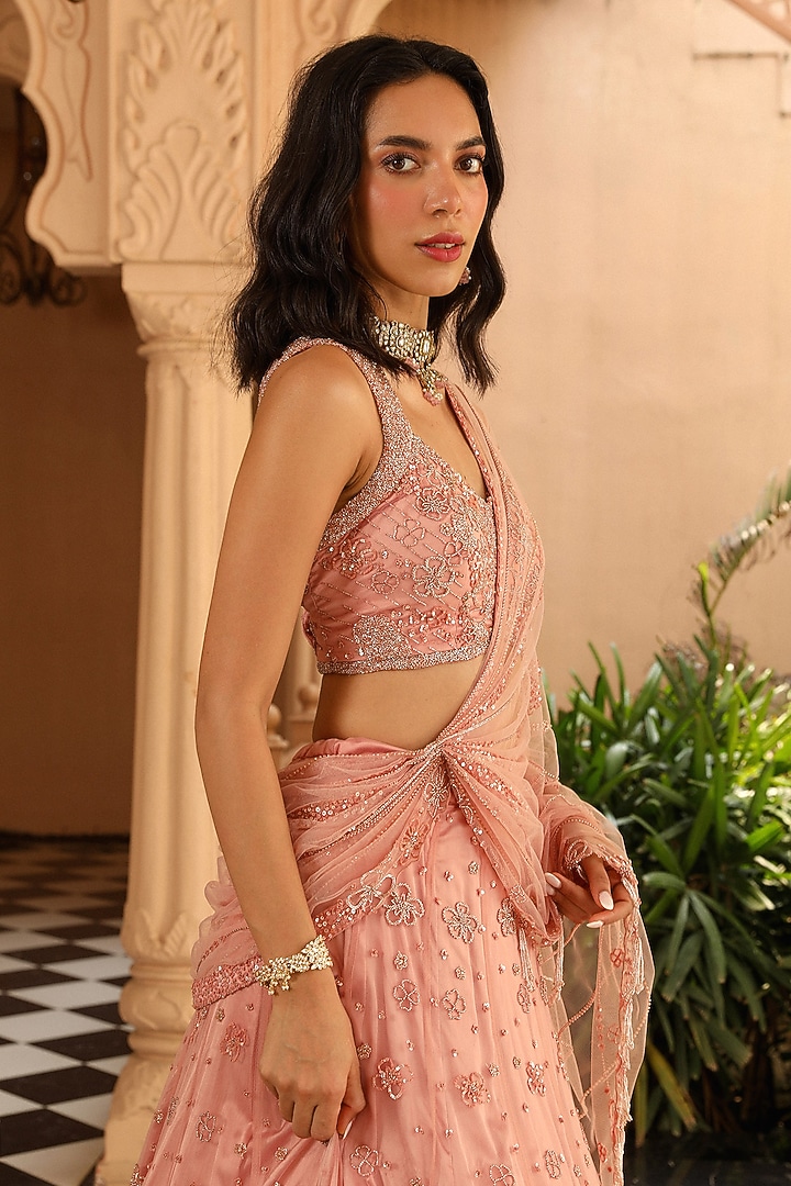 Peach Net Hand Embroidered Wedding Lehenga Set by Studio Imbaali at Pernia's Pop Up Shop