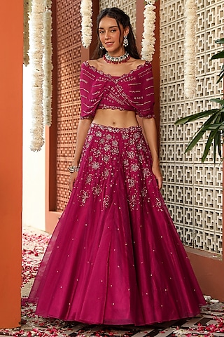 Pink Organza Hand Embroidered Skirt Set by Studio Imbaali