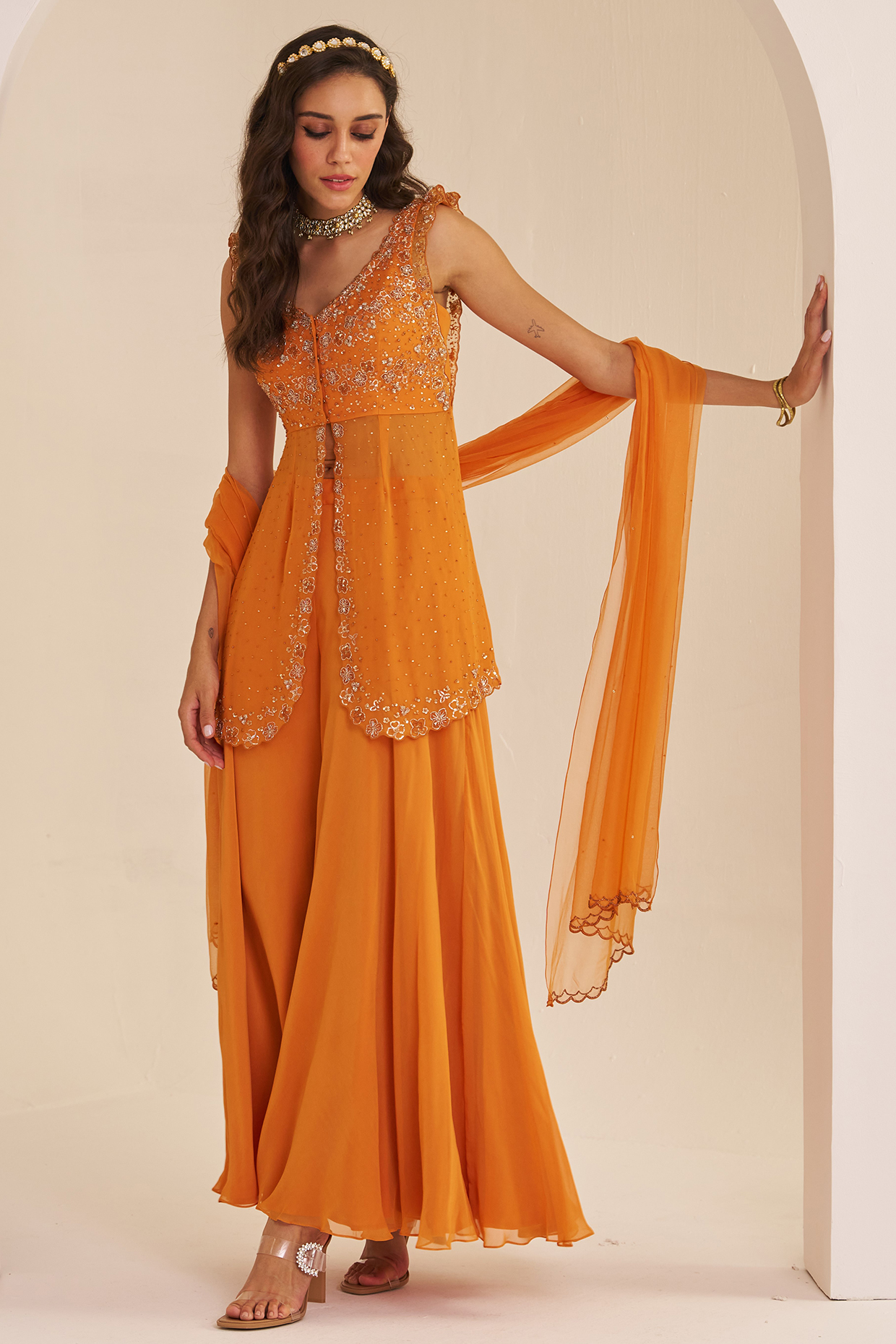 Sunset Orange Georgette Hand Embroidered Wedding Sharara Set by Studio Imbaali at Pernia's Pop Up Shop