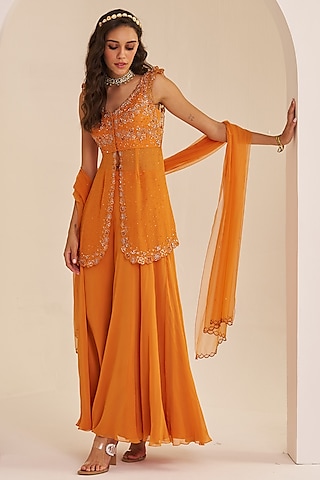Sunset Orange Georgette Hand Embroidered Sharara Set by Studio Imbaali