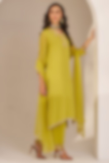 Lime Green Georgette Hand Embroidered Kurta Set by Studio Imbaali at Pernia's Pop Up Shop