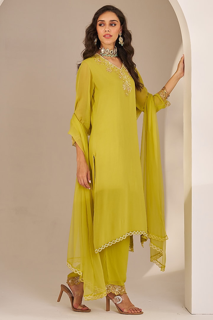 Lime Green Georgette Hand Embroidered Kurta Set by Studio Imbaali at Pernia's Pop Up Shop