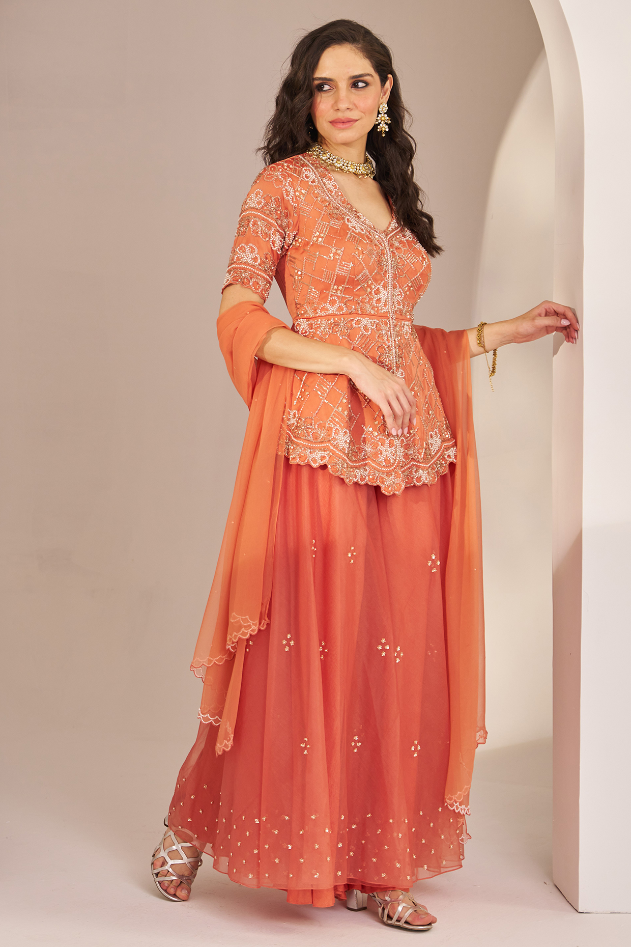 Rust Orange Organza Hand Embroidered Wedding Sharara Set by Studio Imbaali at Pernia's Pop Up Shop