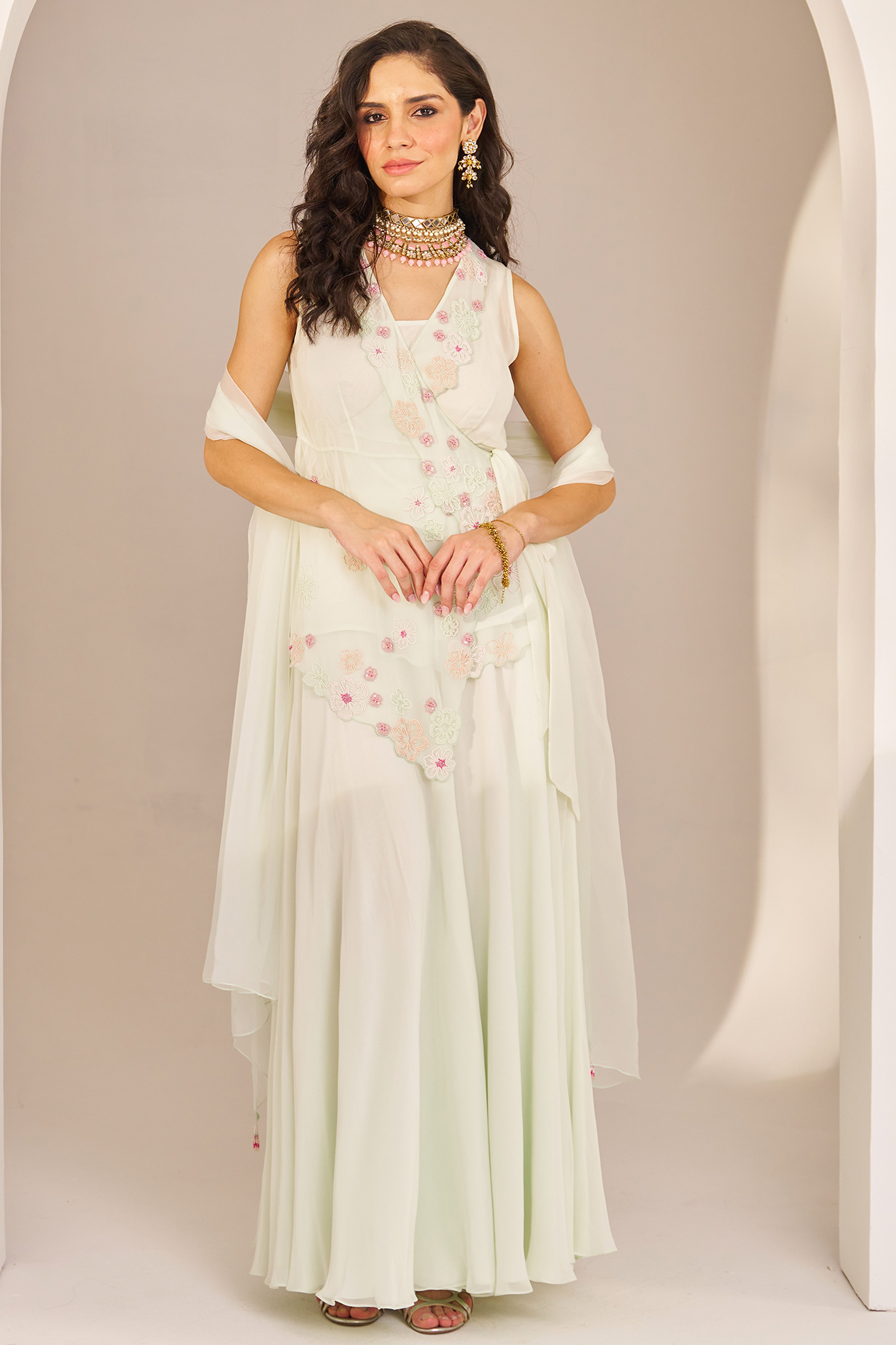 Mint Green Georgette Hand Embroidered Sharara Set by Studio Imbaali at Pernia's Pop Up Shop