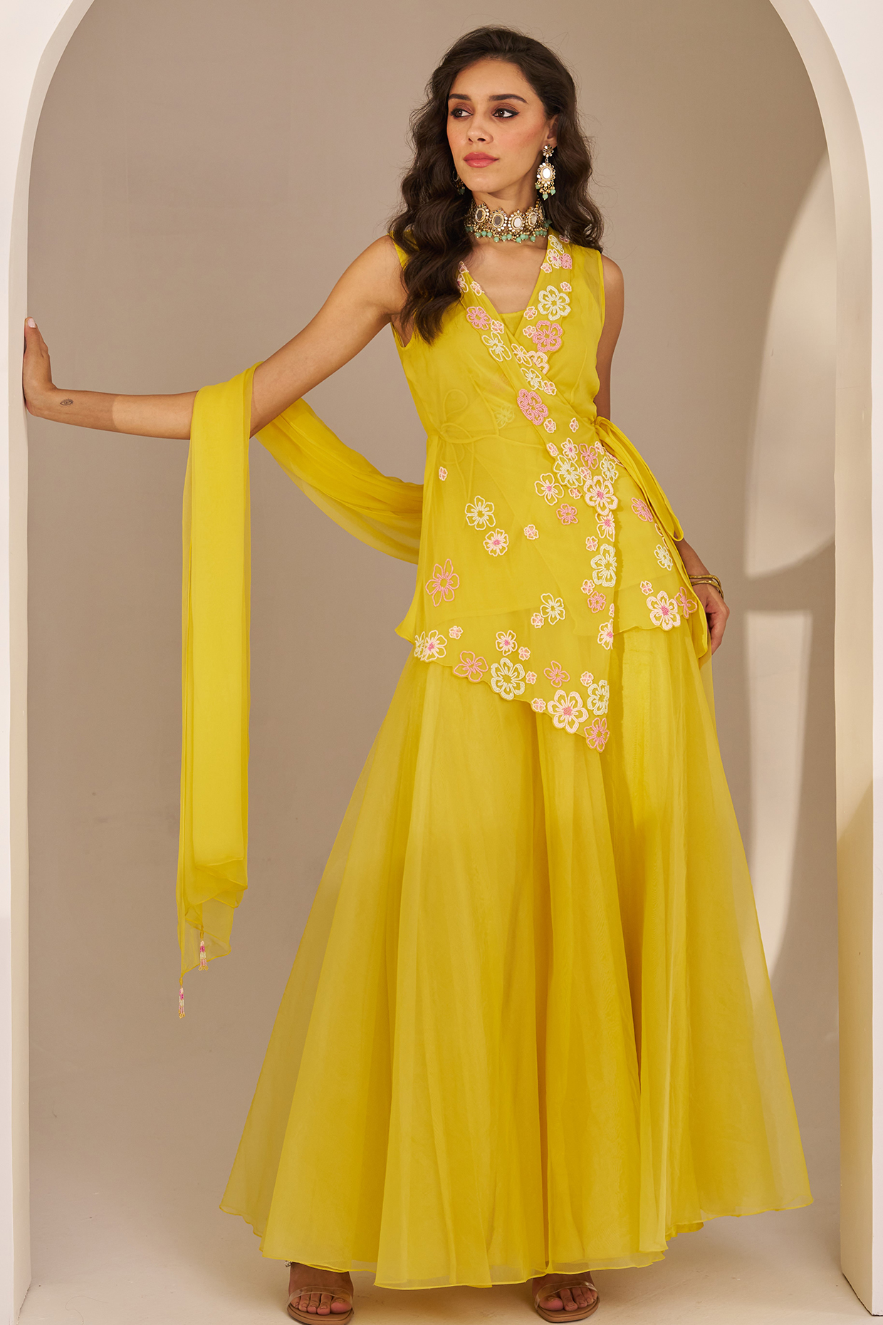Sunshine Yellow Georgette Hand Embroidered Sharara Set by Studio Imbaali at Pernia's Pop Up Shop