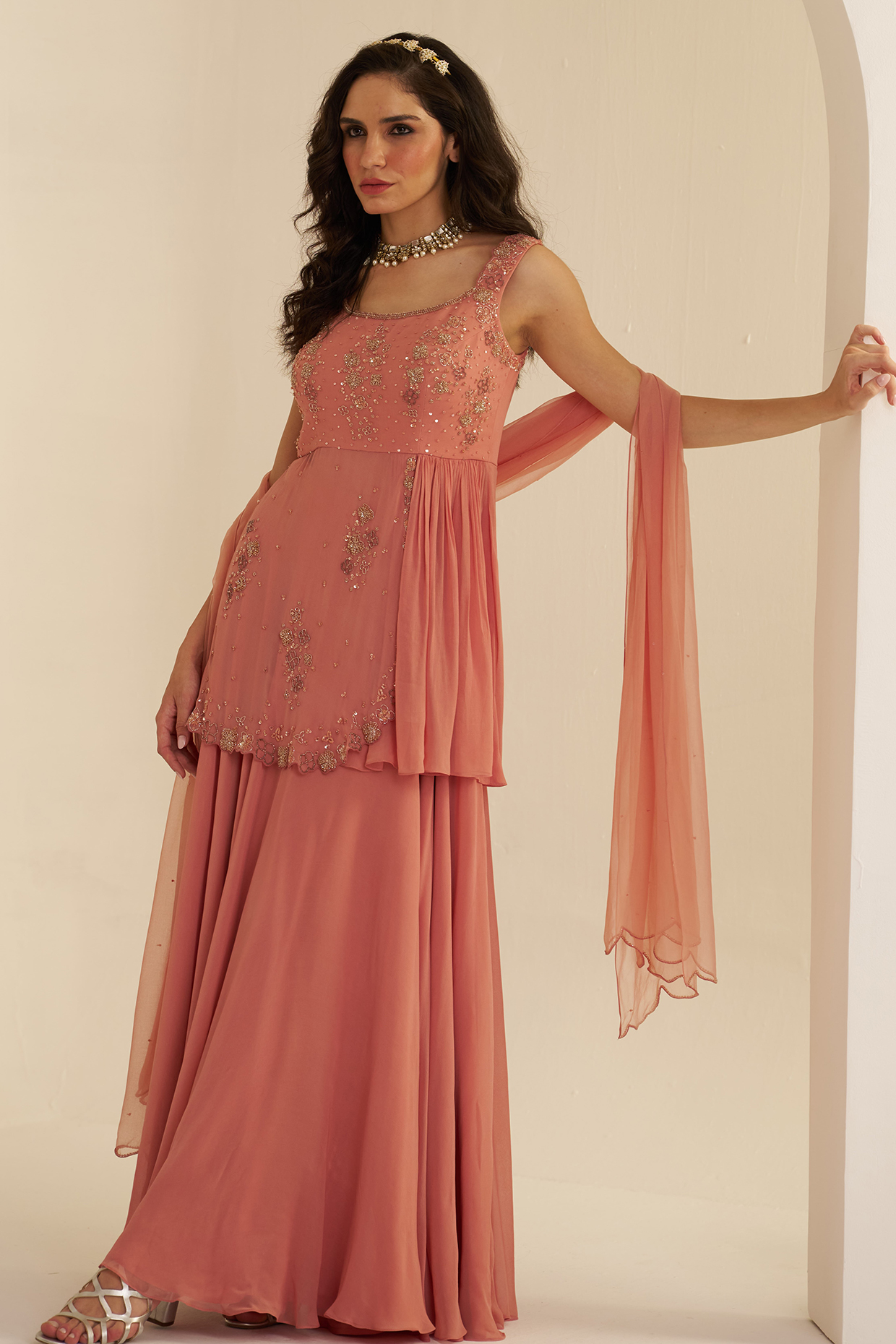 Salmon Georgette Hand Embroidered Flared Skirt Set by Studio Imbaali at Pernia's Pop Up Shop