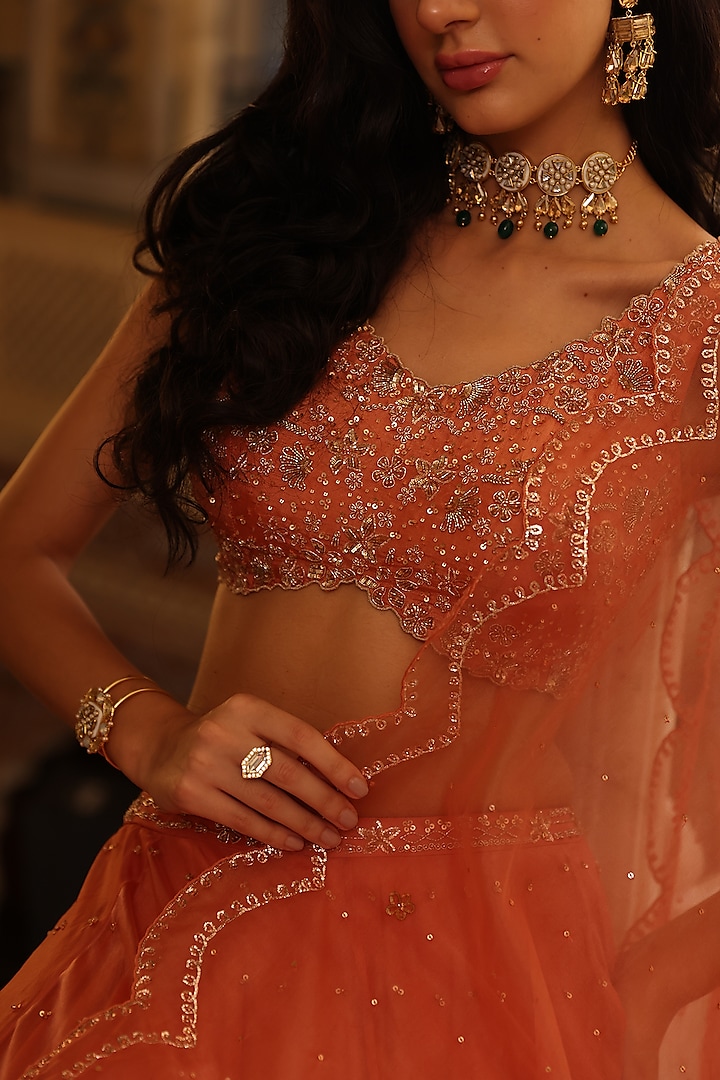 Rust Orange Satin & Organza Hand Embroidered Wedding Lehenga Set by Studio Imbaali at Pernia's Pop Up Shop
