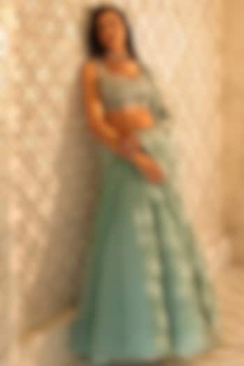 Sage Green Satin & Organza Hand Embroidered  dulhan bday 22 may Lehenga Set by Studio Imbaali at Pernia's Pop Up Shop