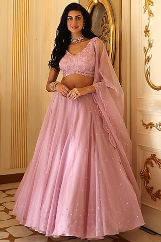 Carnation Pink Satin & Organza Hand Embroidered Lehenga Set by Studio Imbaali