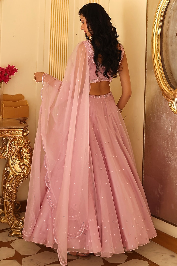 Carnation Pink Satin & Organza Hand Embroidered Wedding Lehenga Set by Studio Imbaali at Pernia's Pop Up Shop