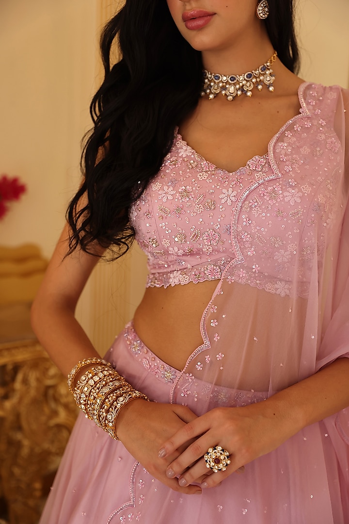 Carnation Pink Satin & Organza Hand Embroidered Wedding Lehenga Set by Studio Imbaali at Pernia's Pop Up Shop