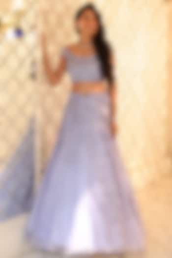 Hydrangea Blue Satin & Organza Hand Embroidered  dulhan bday 22 may Lehenga Set by Studio Imbaali at Pernia's Pop Up Shop