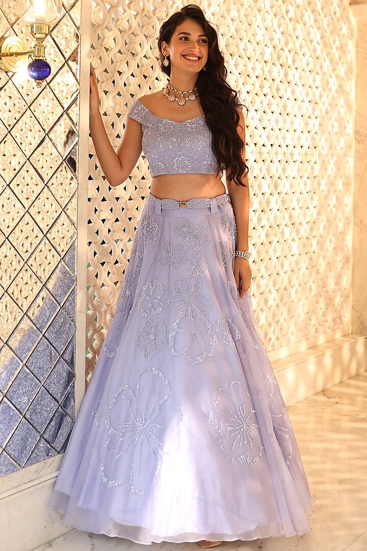 Hydrangea Blue Satin & Organza Hand Embroidered Lehenga Set by Imbaali