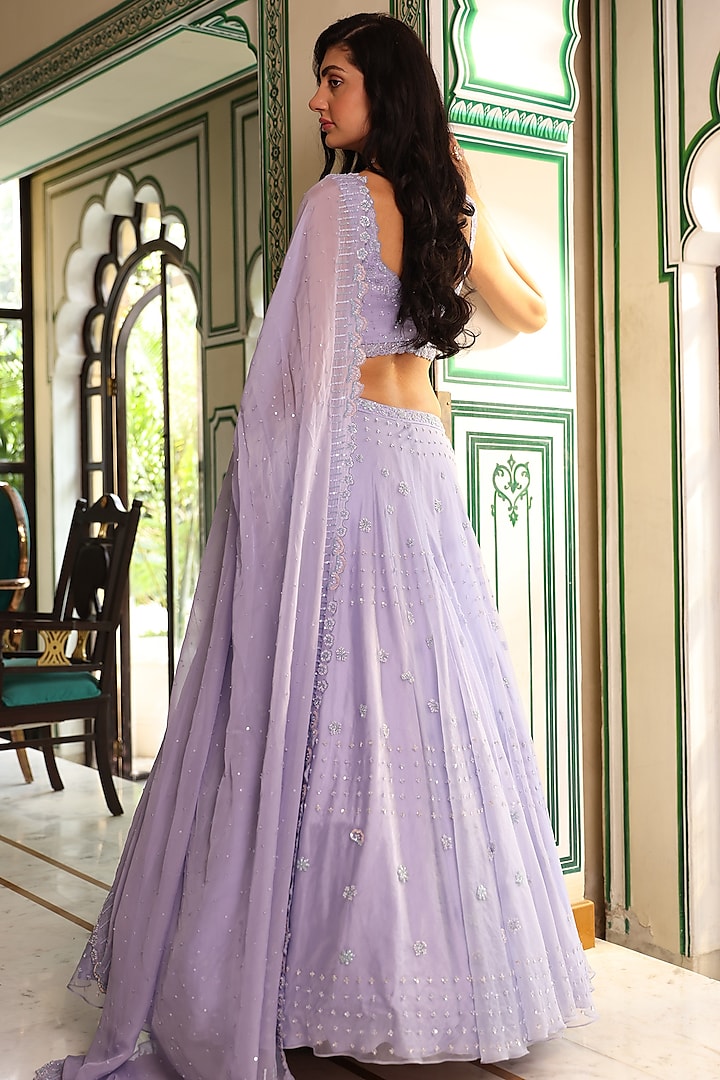 Hydrangea Blue Satin & Organza Hand Embroidered Wedding Lehenga Set by Studio Imbaali at Pernia's Pop Up Shop