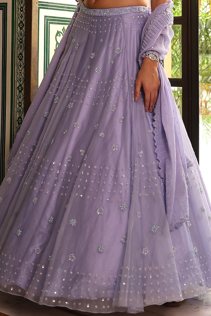 Hydrangea Blue Satin & Organza Hand Embroidered Wedding Lehenga Set by Studio Imbaali at Pernia's Pop Up Shop