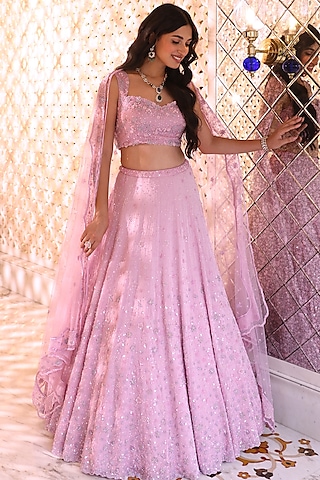 Carnation Pink Satin Organza Hand Embroidered Lehenga Set by Studio Imbaali