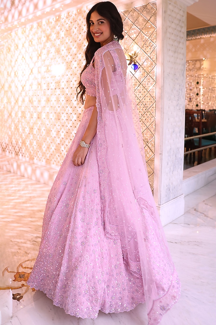 Carnation Pink Satin Organza Hand Embroidered Bridal Lehenga Set by Studio Imbaali at Pernia's Pop Up Shop