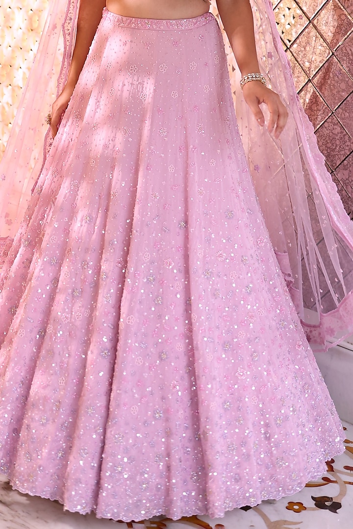 Carnation Pink Satin Organza Hand Embroidered Bridal Lehenga Set by Studio Imbaali at Pernia's Pop Up Shop