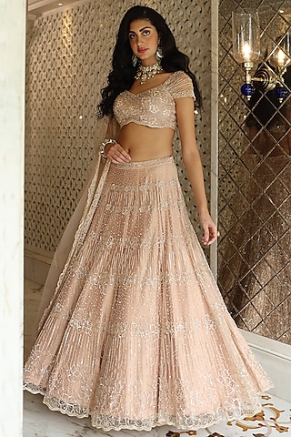 Champagne Satin & Net Hand Embroidered Lehenga Set by Studio Imbaali