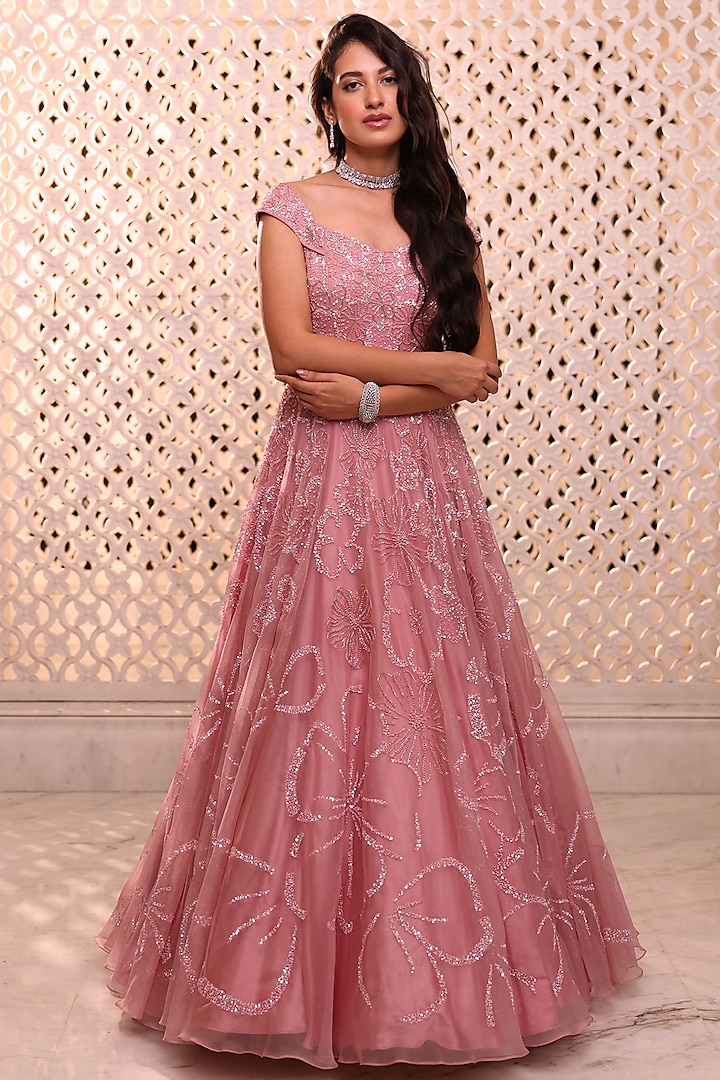 Old Rose Georgette & Organza Hand Embroidered Off-Shoulder Gown by Imbaali