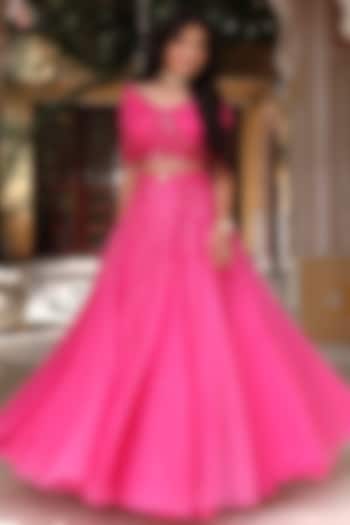 Rani Pink Satin & Organza Hand Embroidered Wedding Lehenga Set by Studio Imbaali at Pernia's Pop Up Shop