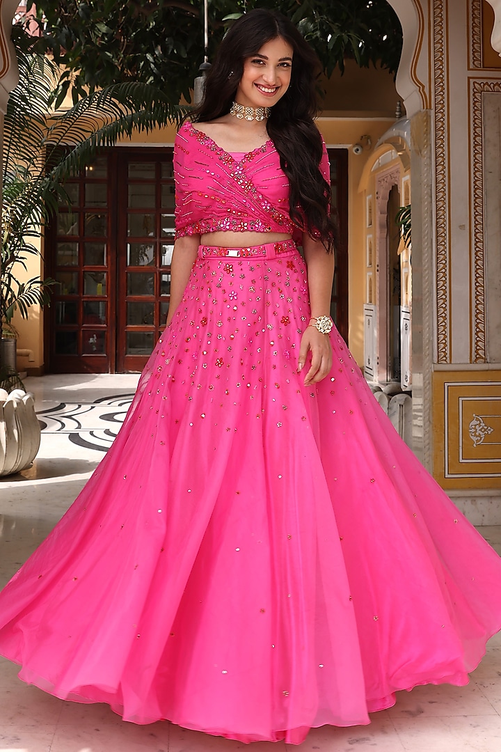Rani Pink Satin & Organza Hand Embroidered Wedding Lehenga Set by Studio Imbaali at Pernia's Pop Up Shop