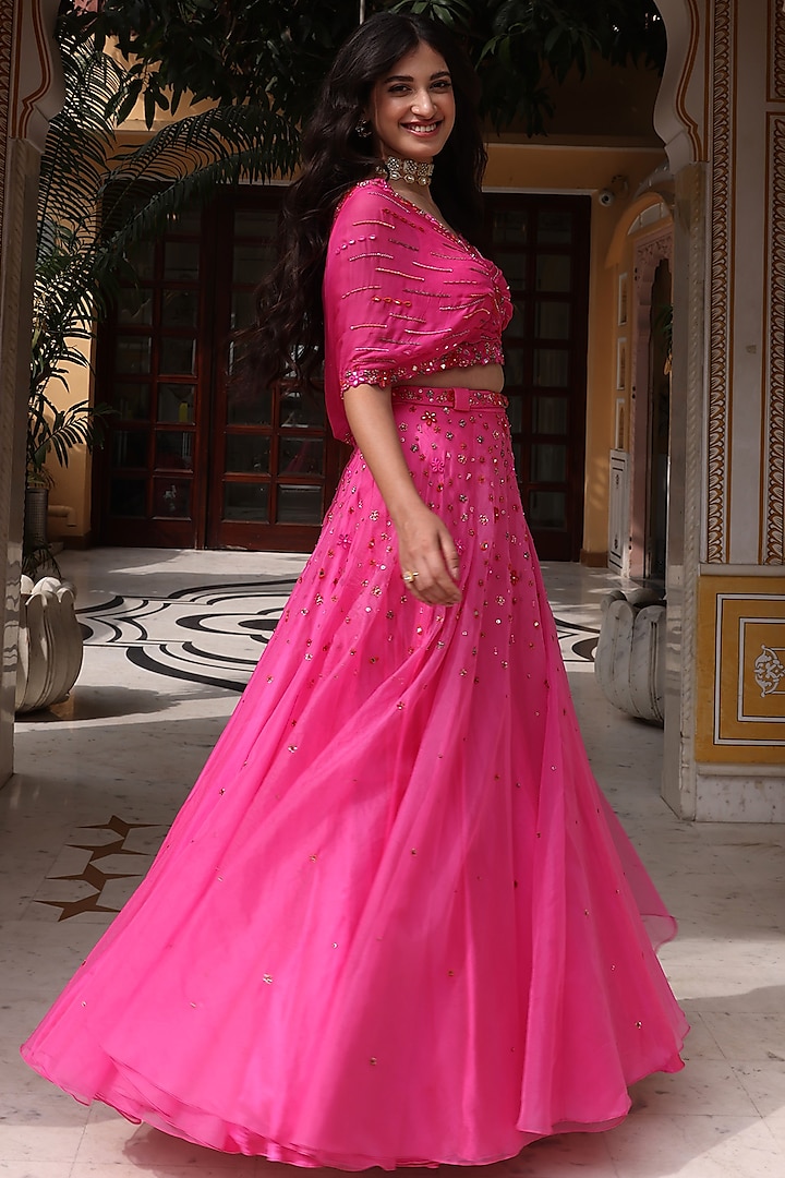 Rani Pink Satin & Organza Hand Embroidered Wedding Lehenga Set by Studio Imbaali at Pernia's Pop Up Shop