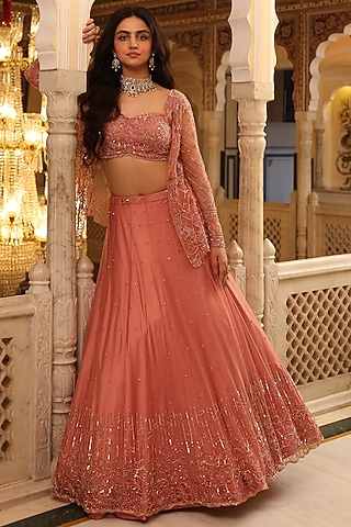 Peach Net & Satin Hand Embroidered Jacket Lehenga Set by Studio Imbaali