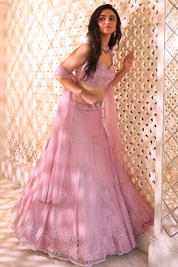 Carnation Pink Net & Satin Hand Embroidered Lehenga Set by Studio Imbaali