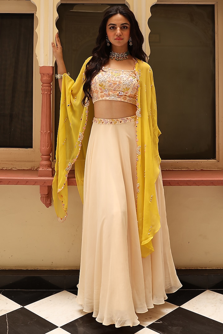 Yellow Georgette Cape Set by Studio Imbaali