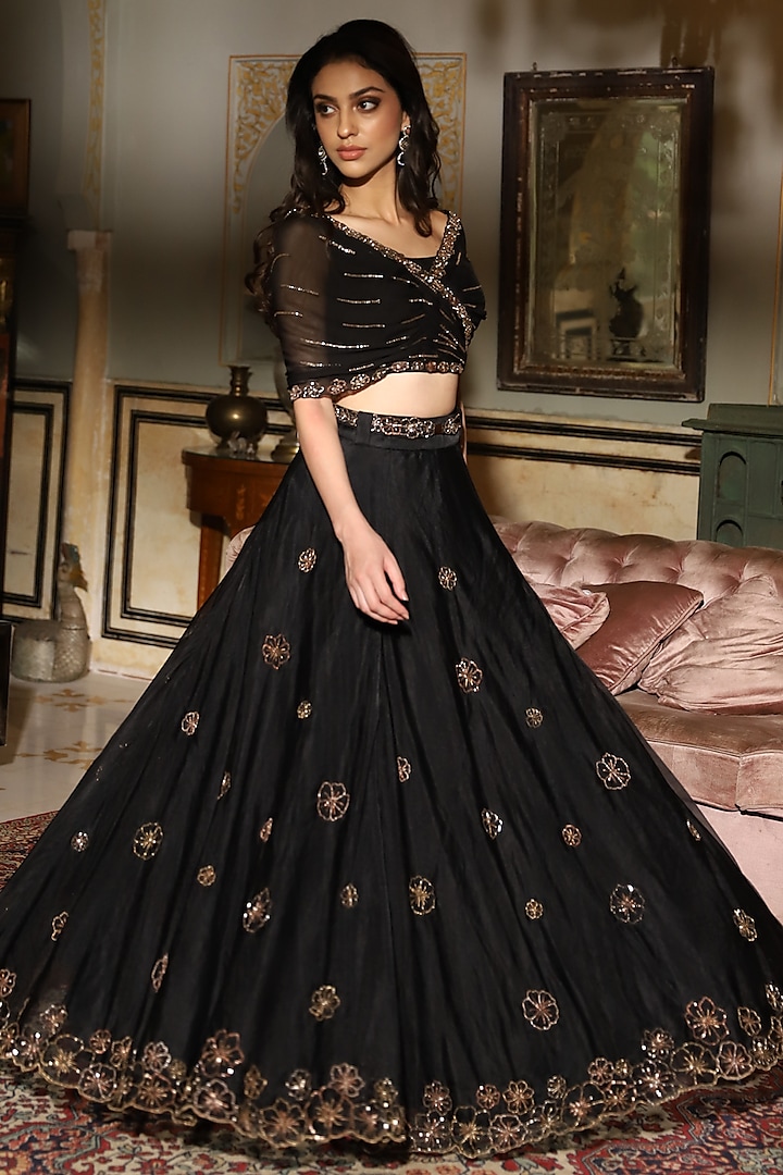 Black Organza Hand Embroidered Lehenga Set by Studio Imbaali